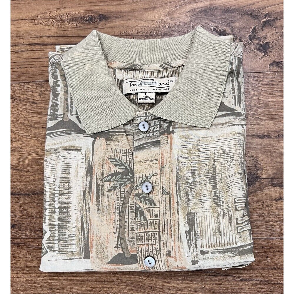 Tori Richard Cotton Lawn Palm Tree Tribal Hawaiian Mens Large Polo Shirt Beach